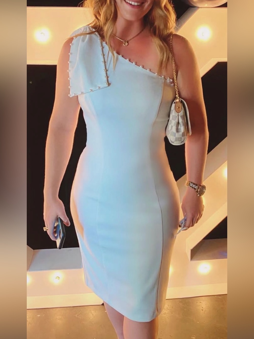 Eliza J One-Shoulder Cream Pearl-Trim Sheath Dress